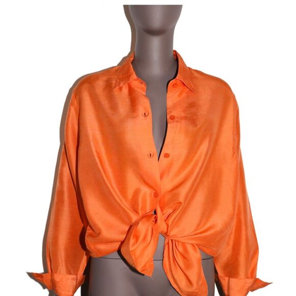 Orange Silk Button Down Collared Shirt Blouse Womens Size Small - Picture 1 of 4